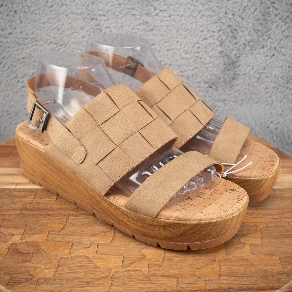 Korks Fraya Women's 9 Brown Leather Cork Wedge Slingback Buckle Summer Sandals